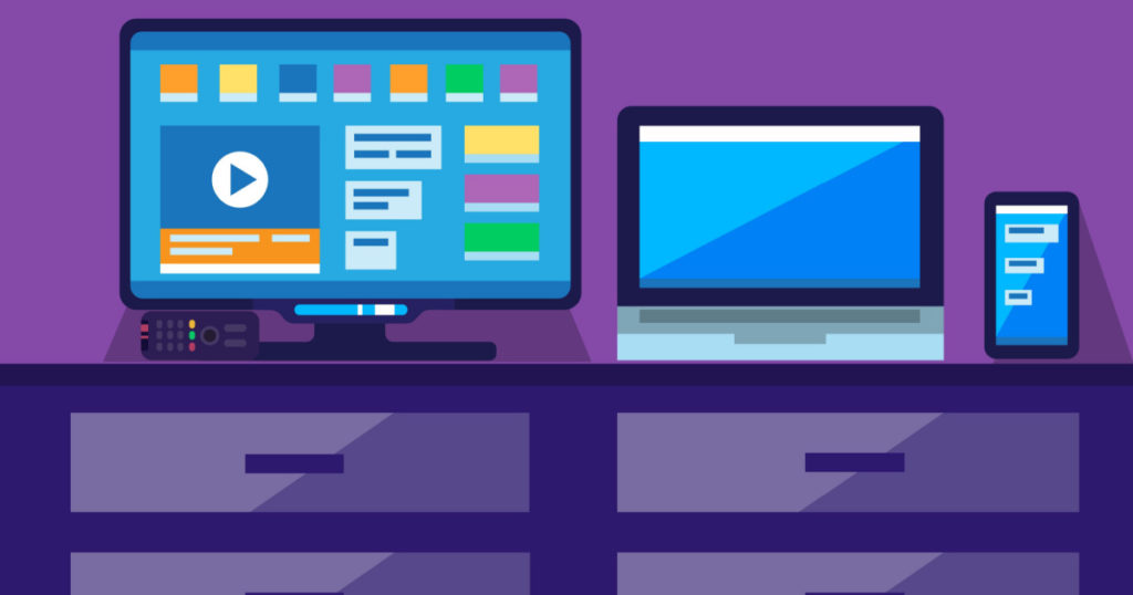 purple and blue graphic of two computers displaying open tabs